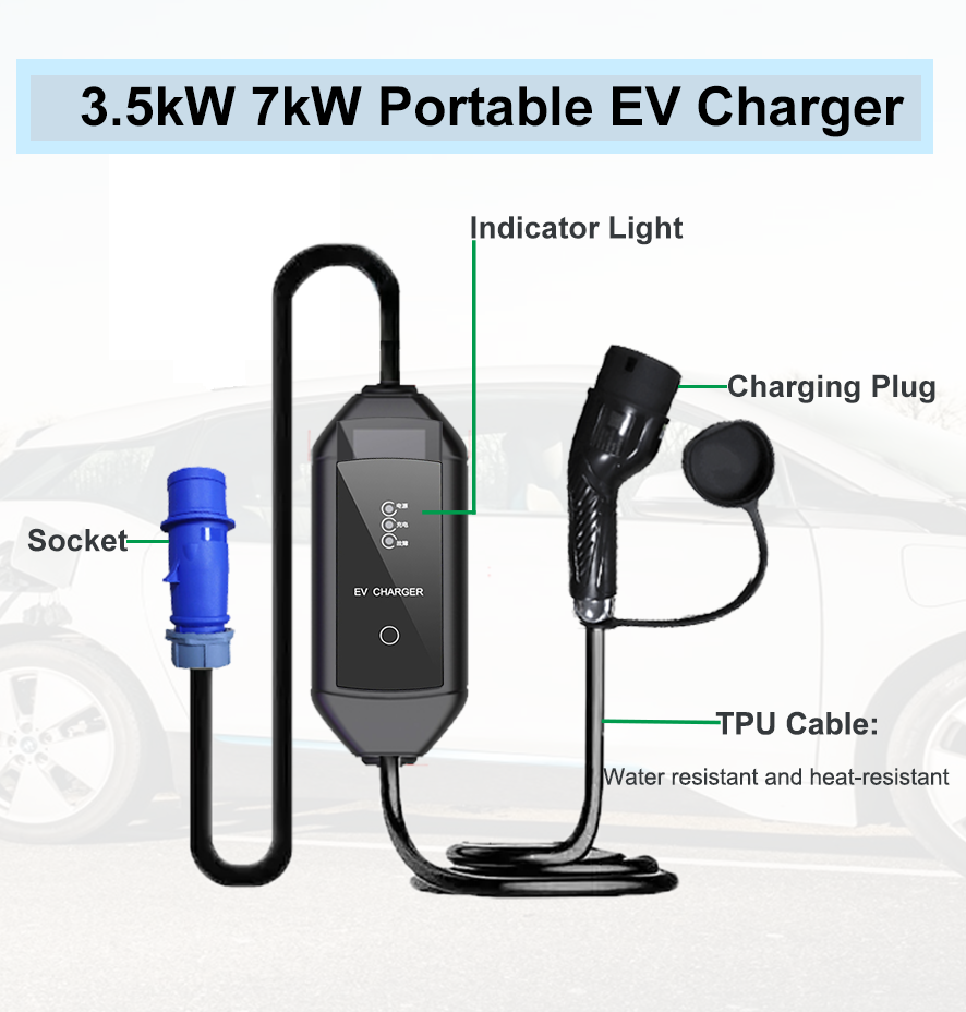 3.5kW 7kW AC Portable Car Charger Type 1