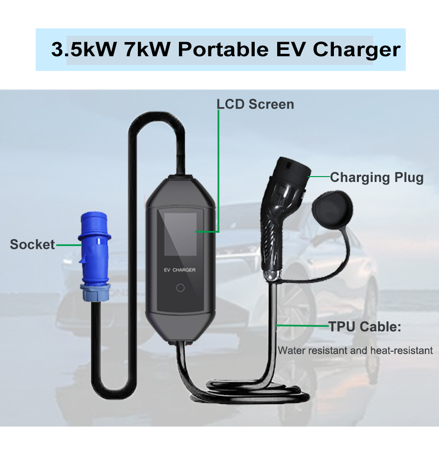 3.5kW 7kW AC Portable EV Charger LCD Screen